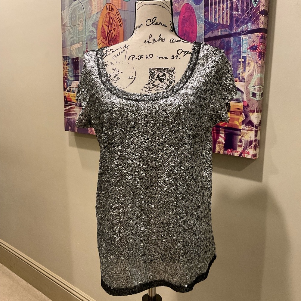Free People Silver Sequin Short Sleeve Top